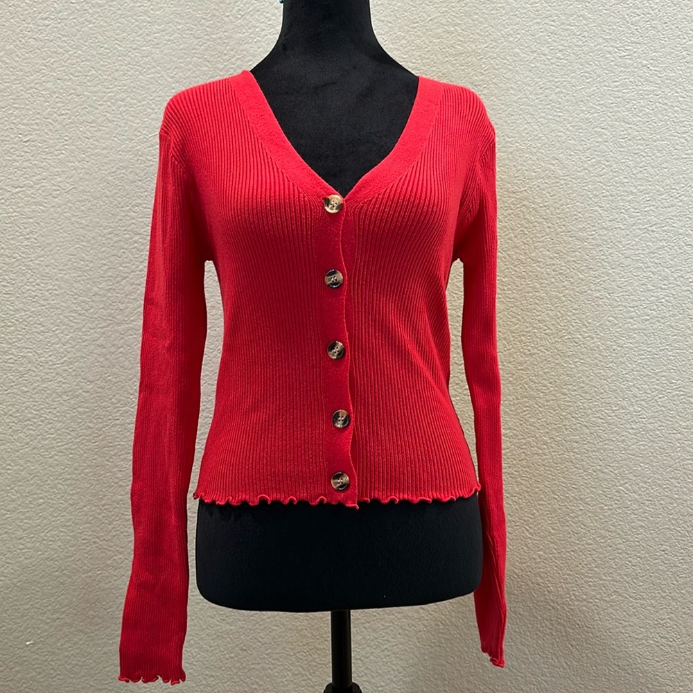Red Button Up Sweater - Picture 2 of 5